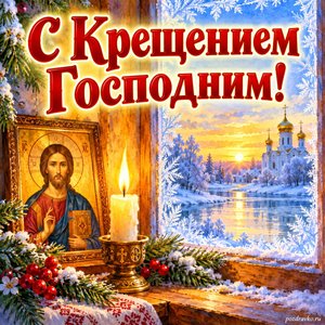 Открытка «С Крещением Господним!» со свечой и иконой