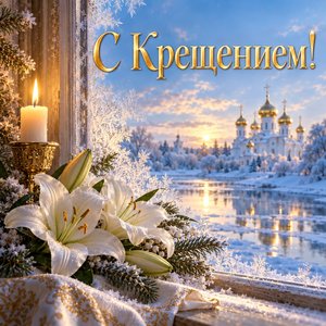 Открытка «С Крещением!» с лилиями и свечой у морозного окна