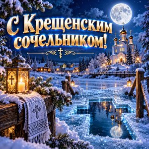 Открытка «С Крещенским сочельником!» с луной над зимней деревней