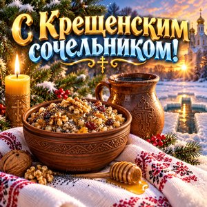 Открытка «С Крещенским сочельником!» с сочивом и кувшином воды