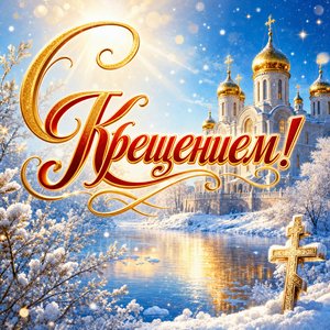 Открытка на Крещение Господне с заснеженным храмом