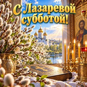 Открытка «С Лазаревой субботой!» с вербой у храма