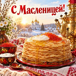 Открытка «С Масленицей!» с блинами и самоваром