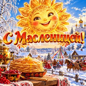 Открытка «С Масленицей!» с солнцем из блинов