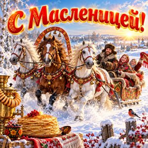 Открытка «С Масленицей!» с тройкой лошадей