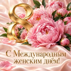 Открытка «С Международным женским днём!» с пионами и золотой восьмёркой