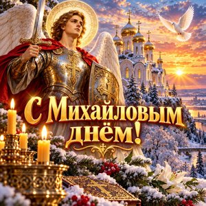 Открытка «С Михайловым днём!» с Архангелом и храмом