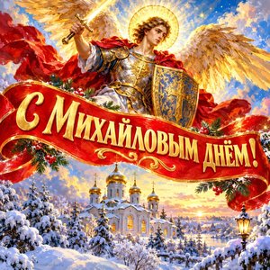 Открытка «С Михайловым днём!» с архангелом над храмом