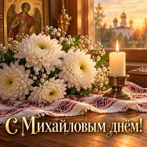 Открытка «С Михайловым днём!» с белыми хризантемами и свечой