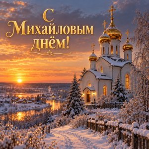 Открытка «С Михайловым днём!» со снежным сельским храмом