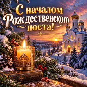 Открытка «С началом Рождественского поста!» с храмом и свечой