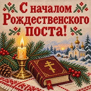 Открытка «С началом Рождественского поста!» со свечой и ветками
