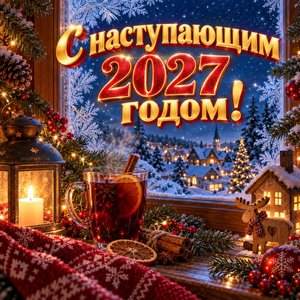 Открытка «С наступающим 2027 годом!» с глинтвейном у окна