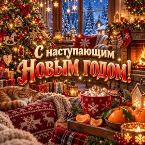 Открытка «С наступающим Новым годом!» с камином и мандаринами