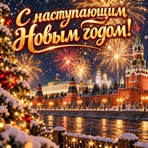 Открытка «С наступающим Новым годом!» с салютом над Кремлём