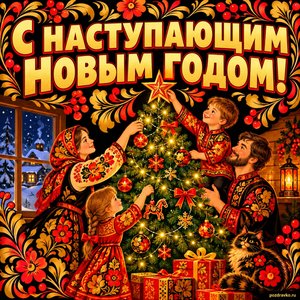Открытка «С наступающим Новым годом!» с семьёй у ёлки