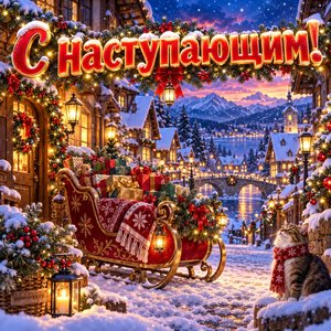 Открытка «С наступающим!» с зимней деревней