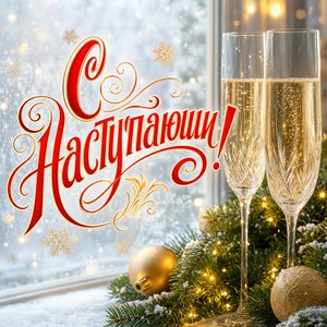 Открытка с наступающим Новым годом с шампанским и еловыми ветвями