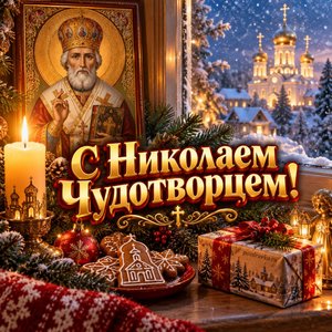 Открытка «С Николаем Чудотворцем!» со свечой и пряниками