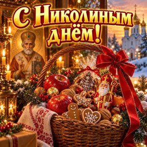 Открытка «С Николиным днём!» с корзиной сладостей