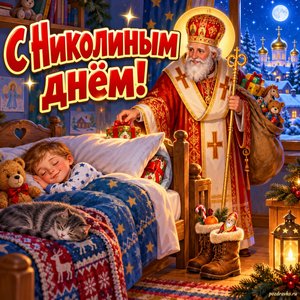 Открытка «С Николиным днём!» с подарками под подушкой