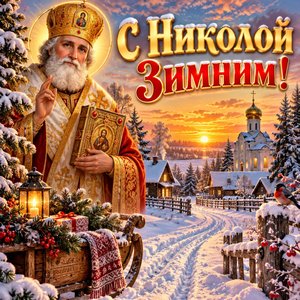 Открытка «С Николой Зимним!» со святителем и зимней деревней