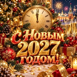 Открытка «С Новым 2027 годом!» с часами в полночь