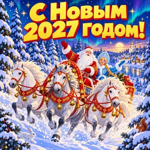 Открытка «С Новым 2027 годом!» с Дедом Морозом на тройке