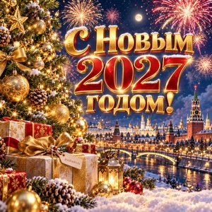 Открытка «С Новым 2027 годом!» с ёлкой и салютом