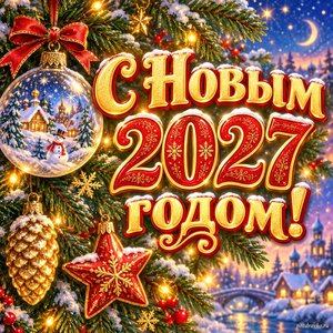 Открытка «С Новым 2027 годом!» с ёлочными игрушками