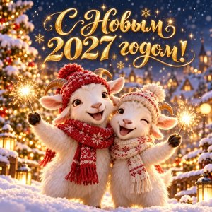 Открытка «С Новым 2027 годом!» с козочками и бенгальскими огнями