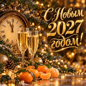 Открытка «С Новым 2027 годом!» с шампанским, мандаринами и часами