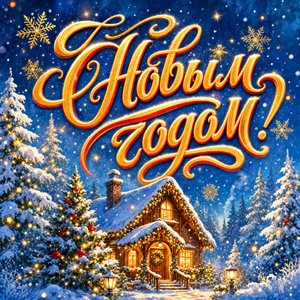 Открытка на Новый год с зимним домиком в лесу