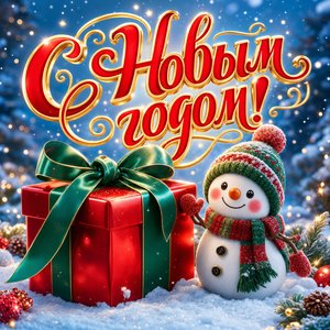 Открытка на Новый год с подарком и снеговиком