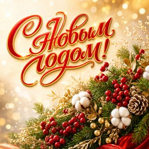 Открытка на Новый год с еловыми ветками и зимними ягодами