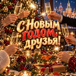 Открытка «С Новым годом, друзья!» с бенгальскими огнями