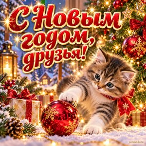 Открытка «С Новым годом, друзья!» с котёнком и шариком