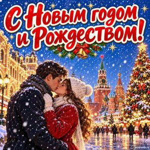 Открытка «С Новым годом и Рождеством!» с парой на площади