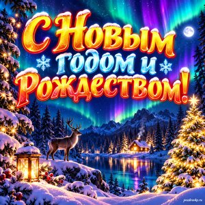 Открытка «С Новым годом и Рождеством!» с северным сиянием