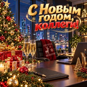 Открытка «С Новым годом, коллеги!» с офисом и шампанским