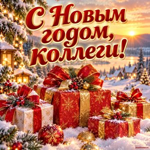 Открытка «С Новым годом, коллеги!» с подарками в снегу