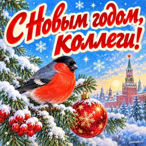 Открытка «С Новым годом, коллеги!» со снегирём и шаром