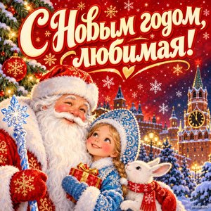 Открытка «С Новым годом, любимая!» с курантами и снежинками