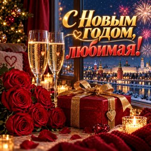Открытка «С Новым годом, любимая!» с шампанским и розами