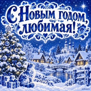 Открытка «С Новым годом, любимая!» с зимней деревней