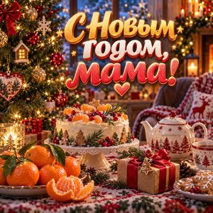 Открытка «С Новым годом, мама!» маме с праздничным столом