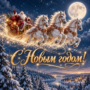 Открытка «С Новым годом!» с Дедом Морозом на тройке