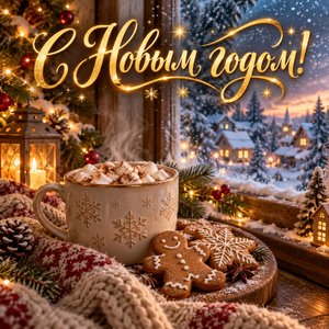 Открытка «С Новым годом!» с какао и пряниками у окна