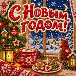 Открытка «С Новым годом!» с какао у окна