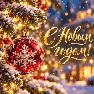 Открытка «С Новым годом!» с красным ёлочным шаром